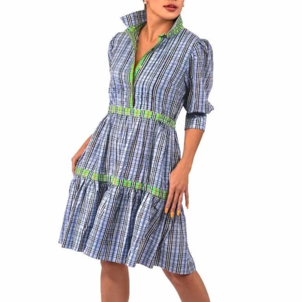 Gretchen Scott Designs Blue and White Tiered Midi Dress